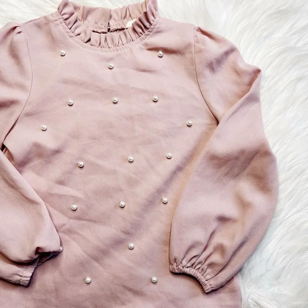 SHEIN Preppy Pearl Puffy Long Sleeve Blouse Pink and White Size 8